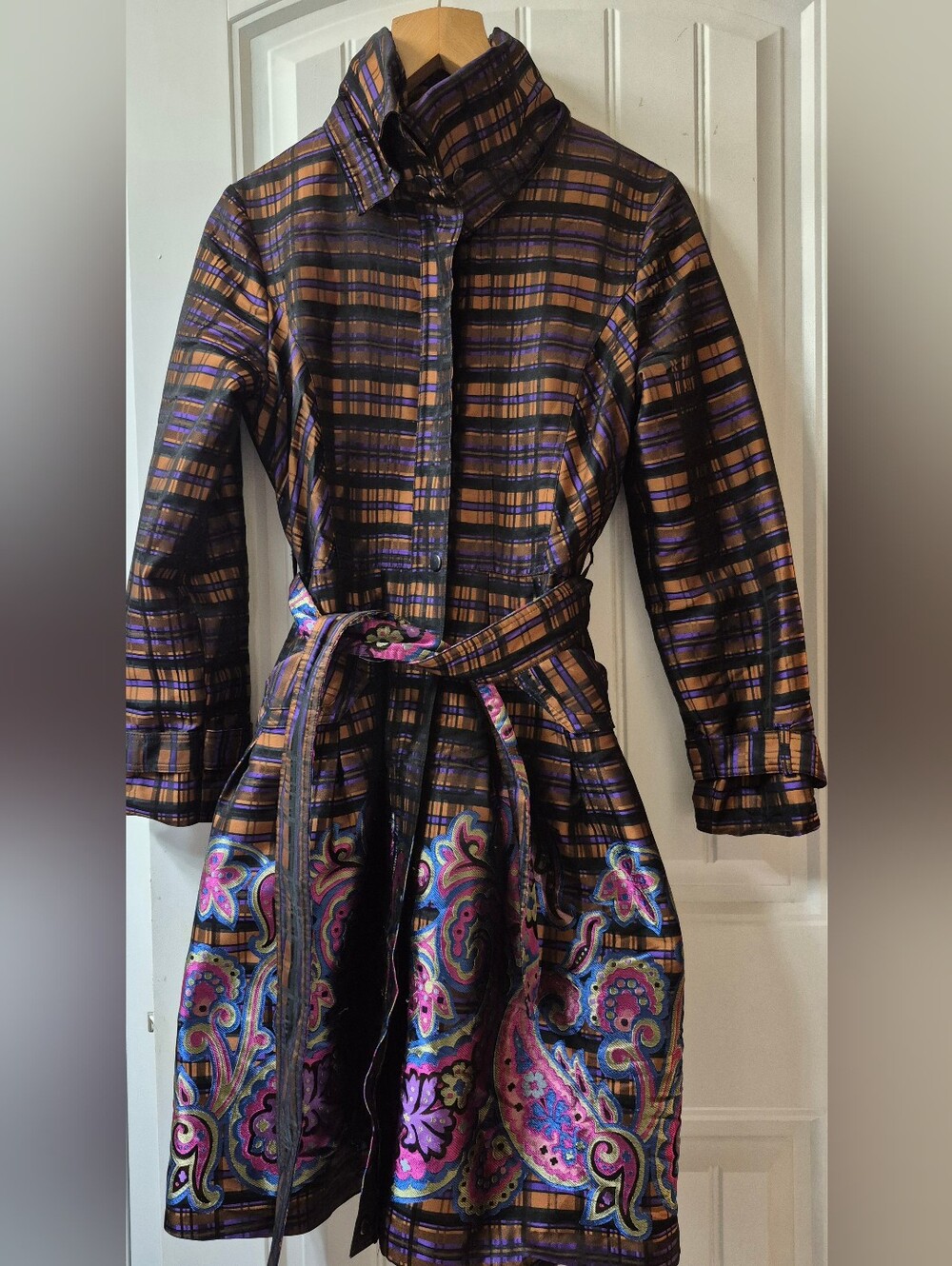 Womens Samuel Dong Plaid & Floral Brocade Coat Dress Size Small